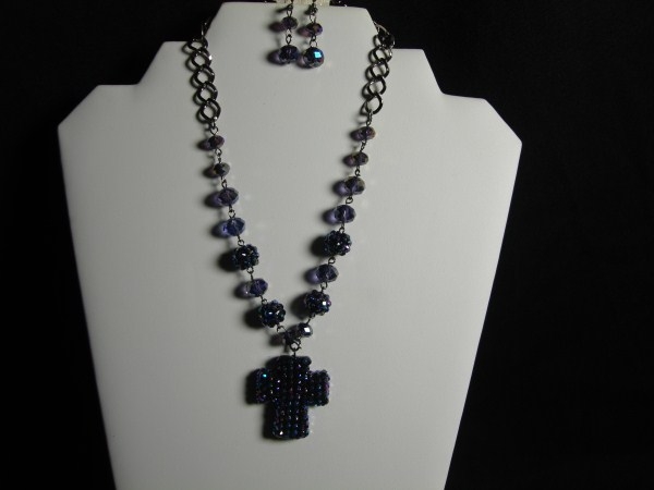 Crystal Stone Cross Necklace Set in Purple